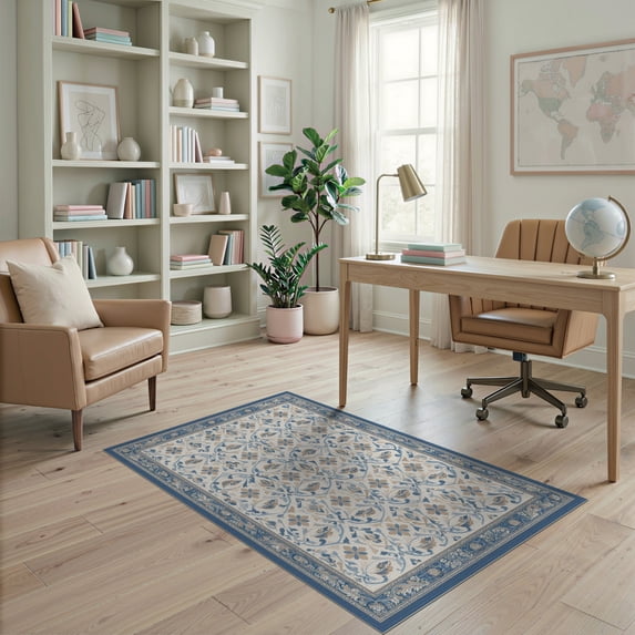 ODIKA 4'x6' Blue Ivory Victorian Botanical Medallion Washable Area Rug Ornate Traditional Floral Motif Design With Decorative Border Non-Slip, Chair-Friendly, Flatwoven for Home Office, Under Desk