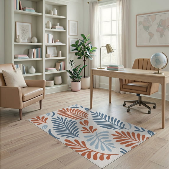 ODIKA 4'x6' Blue Orange Botanical Palm Fronds Modern Washable Area Rug Contemporary Leaf Motif Pattern Design Pet Friendly, Non-Shedding for Bedroom, Reading Nook