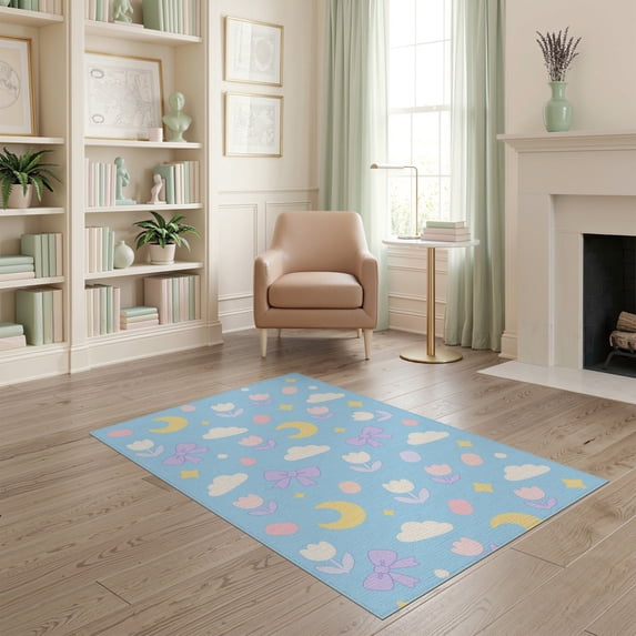 ODIKA 4'x6' Blue Pastel Moon Stars Clouds Bow Tulip Washable Area Rug Whimsical Celestial Floral Motifs for Dorm Room, Small Living Stain Resistant Low Profile, Easy Care