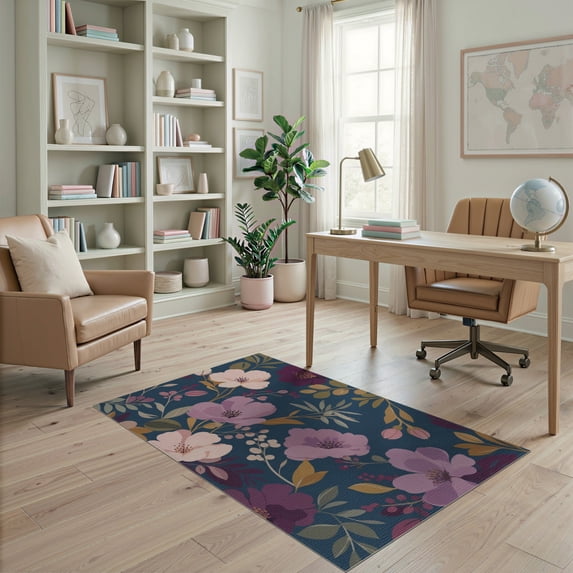 ODIKA 4'x6' Blue Purple Deep Floral Elegance Washable Area Rug Watercolor Giant Flowers with Fall Charm Non-Slip, Chair-Friendly, Flatwoven for Home Office, Under Desk