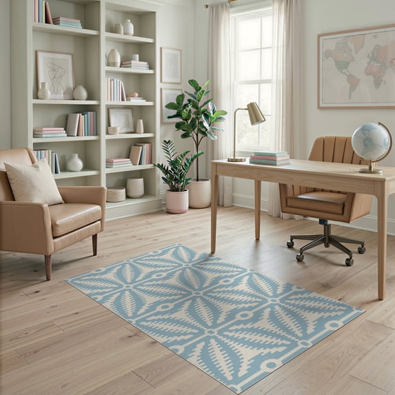 ODIKA 4'x6' Blue Sky Geometric Aster Design Washable Area Rug Intricate Micro Hooked Wool for Home Office, Under Desk, Non-Slip Chair-Friendly, Flatwoven