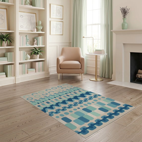 ODIKA 4'x6' Blue Teal Geometric Striped Contemporary Washable Area Rug Modern Abstract Horizontal Bands With Circles for Bedroom, Reading Nook, Pet Friendly & Non-Shedding
