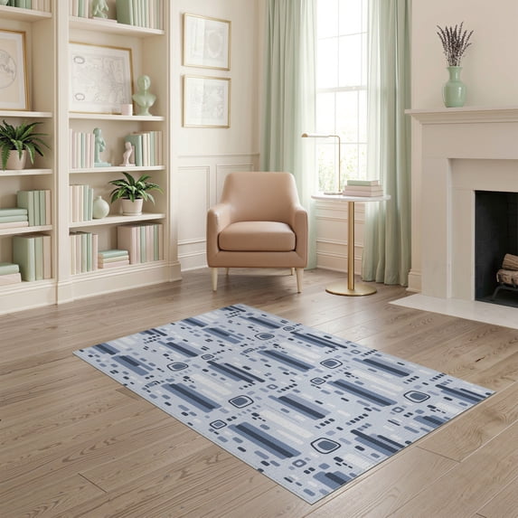 ODIKA 4'x6' Blue White Denim Abstract Geometric Modern Washable Area Rug Contemporary Scattered Rectangles Squares Non-Slip, Chair-Friendly, Flatwoven for Home Office, Under Desk