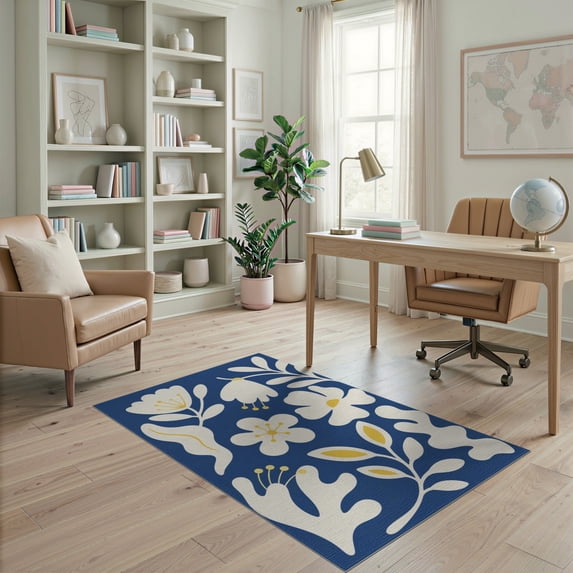 ODIKA 4'x6' Blue White Floral Organic Design Washable Area Rug Stylish Botanical Pattern with Modern Flair Pet Friendly, Non-Shedding for Bedroom, Reading Nook