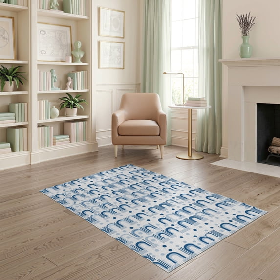 ODIKA 4'x6' Blue White Geometric Arch Pattern Washable Area Rug Modern Abstract Design with Circular Accents Pet Friendly, Non-Shedding for Bedroom, Reading Nook