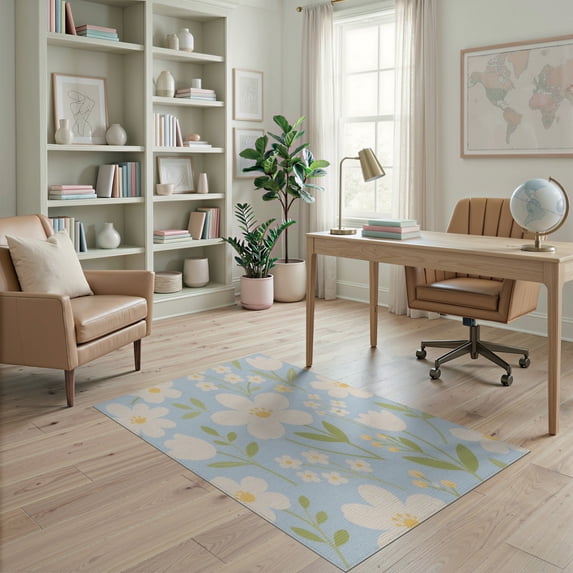 ODIKA 4'x6' Blue White Soft Blossom Elegance Washable Area Rug Charming Floral Pattern with Serene Visual Harmony for Bedroom, Reading Nook, Pet Friendly & Non-Shedding