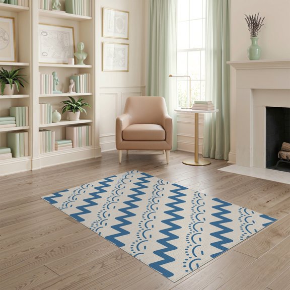 ODIKA 4'x6' Blue Zigzag Dotted Arc Washable Area Rug Modern Geometric Pattern with Stepped Angles Stain Resistant, Low Pile, Easy Care for Dorm Room, Small Living