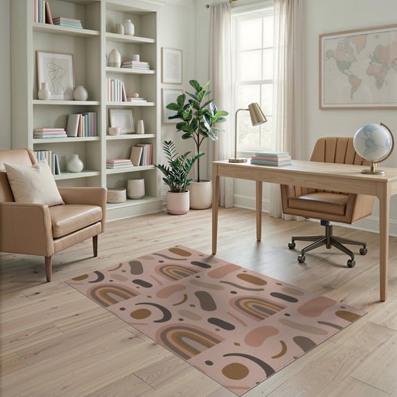 ODIKA 4'x6' Blush Pink Rainbow Abstract Geometric Washable Area Rug Contemporary Bohemian Style With Curved Arches Shapes Diamond Non-Slip, Chair-Friendly, Flatwoven for Home Office, Under Desk