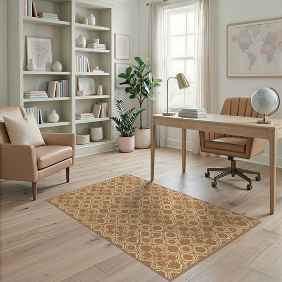 ODIKA 4'x6' Boho Diamond Accent Tile Design Antique Repeating Motif Warm Cream Washable Area Rug None Non-Slip, Chair-Friendly, Flatwoven for Home Office, Under Desk