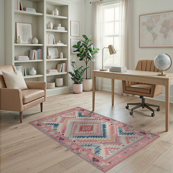 ODIKA 4'x6' Boho Zigzag Southwestern Borders Geometric Motifs Aztec Border Washable Area Rug None Pet Friendly, Non-Shedding for Bedroom, Reading Nook