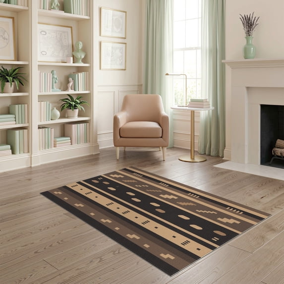 ODIKA 4'x6' Brown Beige Geometric Striped Pattern Washable Area Rug Contemporary Vertical Bands Featuring Rectangular Stain Resistant, Low Pile, Easy Care for Dorm Room, Small Living