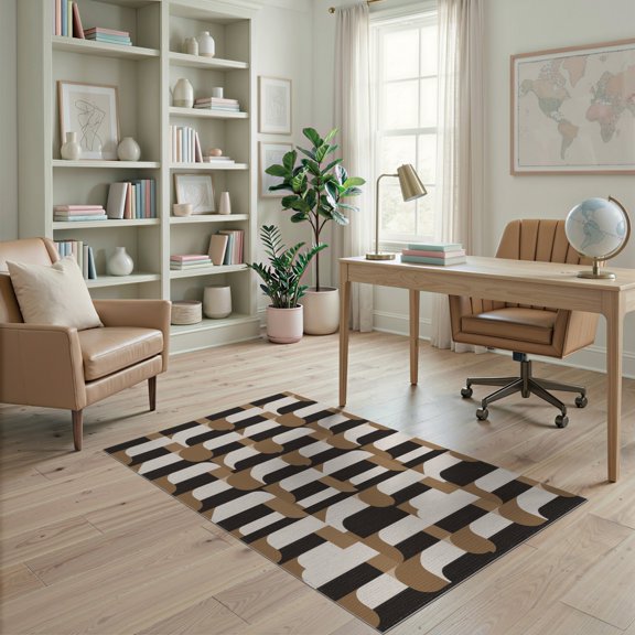 ODIKA 4'x6' Brown Cream Black Geometric Interlocking Washable Area Rug Mid Century Retro Abstract Tessellated Modular Grid Vintage Non-Slip, Chair-Friendly, Flatwoven for Home Office, Under Desk