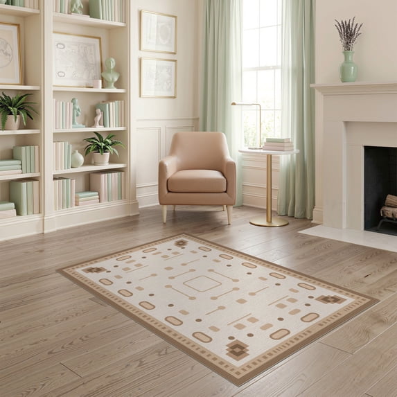 ODIKA 4'x6' Brown Geometric Bordered Design Washable Area Rug Modern Indoor Outdoor Patterned Aesthetic for Bedroom, Reading Nook, Pet Friendly & Non-Shedding
