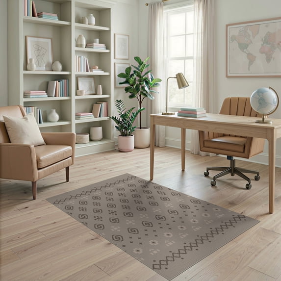 ODIKA 4'x6' Brown Geometric Design Washable Area Rug Intricate Natural Mist Pattern Motif Non-Slip, Chair-Friendly, Flatwoven for Home Office, Under Desk