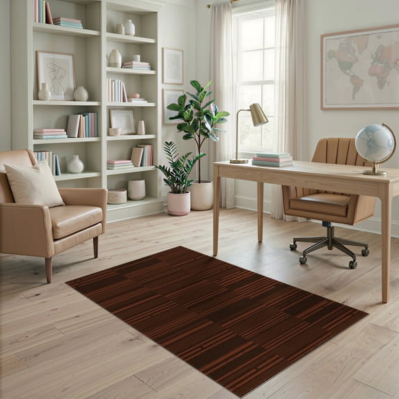 ODIKA 4'x6' Brown Geometric Striped Modern Washable Area Rug Contemporary Block Pattern with Horizontal for Bedroom, Reading Nook, Pet Friendly & Non-Shedding