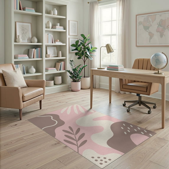 ODIKA 4'x6' Brown Pink Mocha Abstract Swirl Washable Area Rug Retro Contemporary Pattern with Leaf Motif Stain Resistant, Low Pile, Easy Care for Dorm Room, Small Living