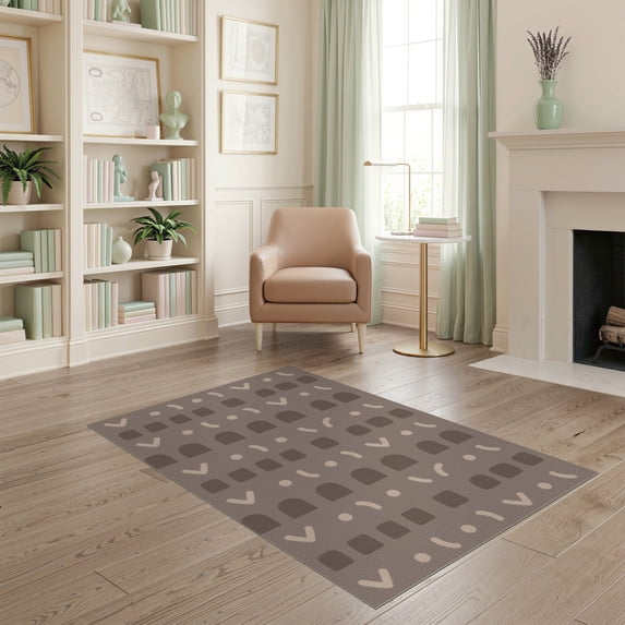 ODIKA 4'x6' Brown Taupe Abstract Pattern Washable Area Rug Modern Geometric Design with Unique Motifs Pet Friendly, Non-Shedding for Bedroom, Reading Nook