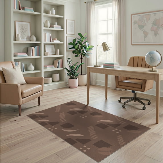 ODIKA 4'x6' Brown Taupe Modern Geometric Abstract Washable Area Rug Contemporary Minimalist Stepped Motif with Curved Pet Friendly, Non-Shedding for Bedroom, Reading Nook