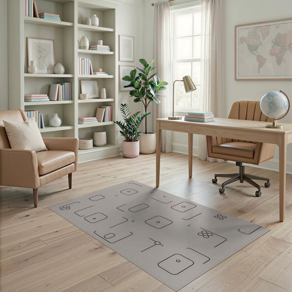 ODIKA 4'x6' Brown Warm Taupe Abstract Geometric Silver Washable Area Rug Minimalist Line Art Pattern with Rounded Rectangle for Bedroom, Reading Nook, Pet Friendly & Non-Shedding