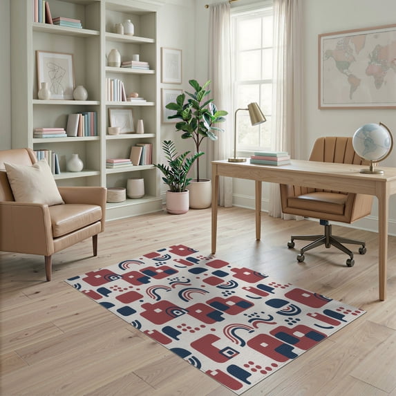 ODIKA 4'x6' Burgundy Geometric Rainbow Abstract Washable Area Rug Contemporary Scandinavian Style Interlocking Shapes Arches Dots Minimalist for Bedroom, Reading Nook, Pet Friendly & Non-Shedding