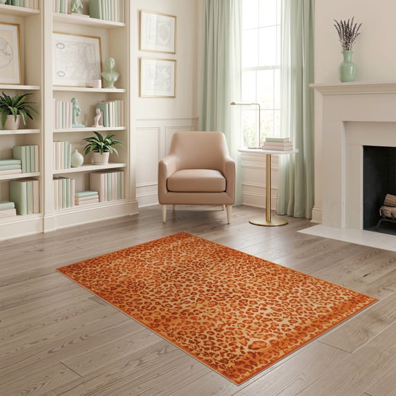 ODIKA 4'x6' Burnt Orange Cheetah Print Leopard Washable Area Rug Spotted Jungle Motif Botanical Scatter Wild Layout for Dorm Room, Small Living Stain Resistant Low Profile, Easy Care