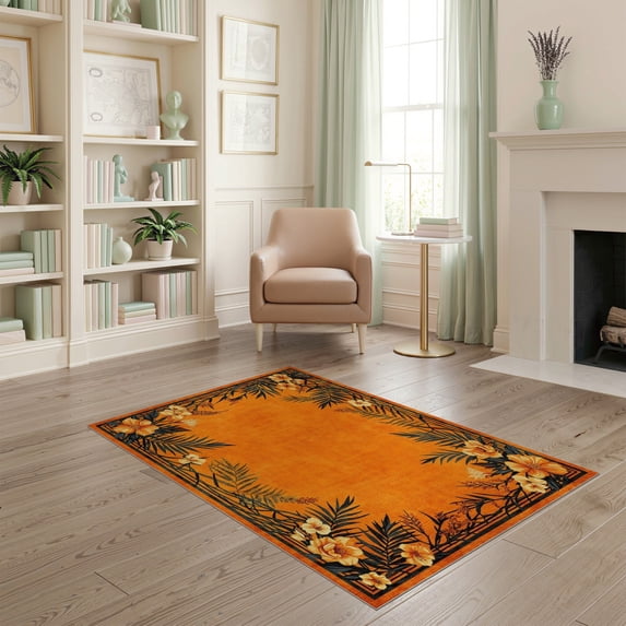 ODIKA 4'x6' Burnt Orange Cheetah Spotted Border Washable Area Rug Tropical Vine Frame Petal Trail Wild Spot Symmetry Accent for Bedroom, Reading Nook, Pet Friendly & Non-Shedding