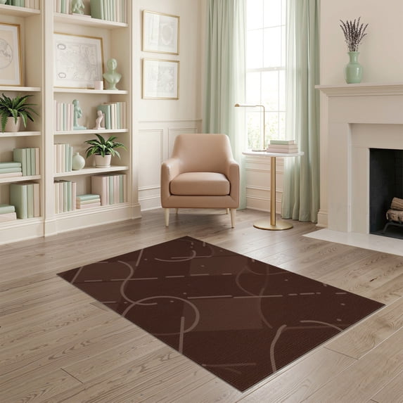 ODIKA 4'x6' Chocolate Brown Rust Geometric Washable Area Rug Contemporary Minimalist Circles Squares Dots Artistic Modern for Bedroom, Reading Nook, Pet Friendly & Non-Shedding