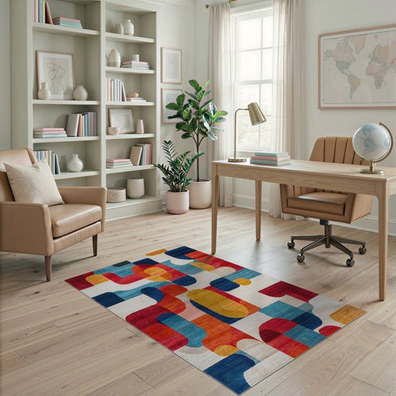 ODIKA 4'x6' Contemporary Art Dynamic Orange Abstract Washable Area Rug Stain Resistant, Low Pile, Easy Care for Dorm Room, Small Living