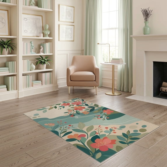 ODIKA 4'x6' Coral Teal Blossoms Over Tranquil Waters Washable Area Rug Elegant Floral and Serene River Motifs, Perfect Non-Slip, Chair-Friendly, Flatwoven for Home Office, Under Desk