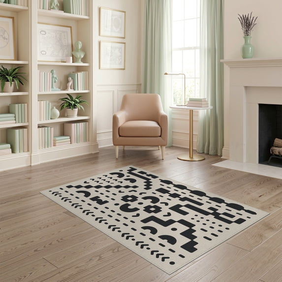 ODIKA 4'x6' Cream Gray Geometric Abstract Design Washable Area Rug Modern Inspired Pattern Motif for Bedroom, Reading Nook, Pet Friendly & Non-Shedding