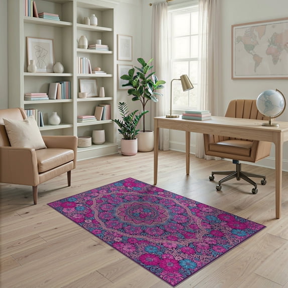 ODIKA 4'x6' Dense Bloom Clusters Electric Fuchsia Plum Symmetrical Motif Washable Area Rug None Non-Slip, Chair-Friendly, Flatwoven for Home Office, Under Desk