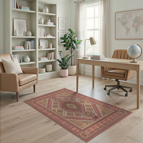 ODIKA 4'x6' Dusty Rose Pink Orange Geometric Diamond Washable Area Rug Intricate Stepped Medallion Design With Layered Motifs And Elaborate Multi Pet Friendly, Non-Shedding for Bedroom, Reading Nook