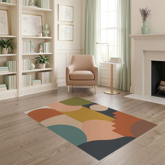 ODIKA 4'x6' Earthy Tones Geometric Mid Century Washable Area Rug Abstract Shapes with Retro Elegance Non-Slip, Chair-Friendly, Flatwoven for Home Office, Under Desk