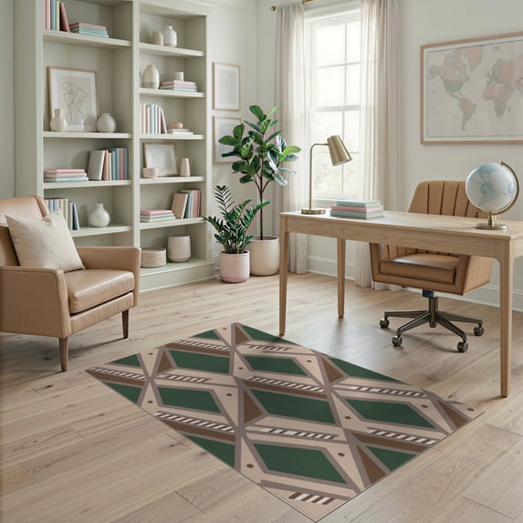 ODIKA 4'x6' Forest Green Geometric Tufted Washable Area Rug Modern Art With Bold Angular Lines Ornamental for Home Office, Under Desk, Non-Slip Chair-Friendly, Flatwoven