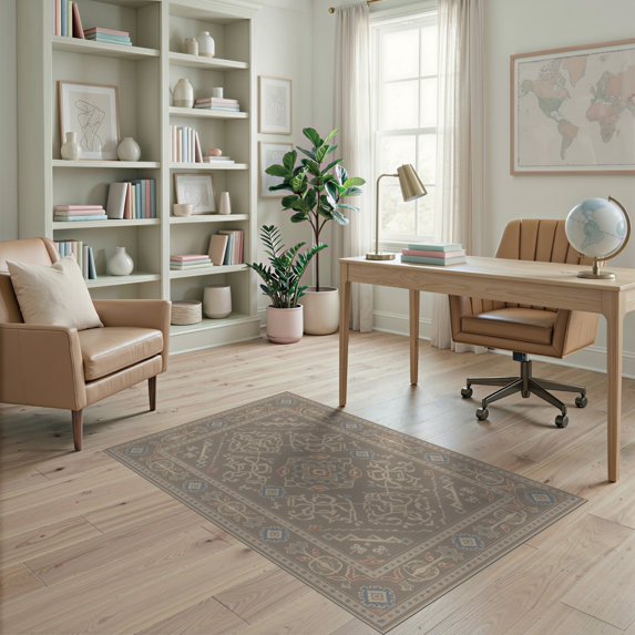 ODIKA 4'x6' Gray Beige Intricate Geometric Design Washable Area Rug Elegant Charcoal Motif with Classic Borders for Dorm Room, Small Living Stain Resistant Low Profile, Easy Care