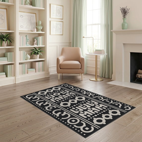 ODIKA 4'x6' Gray Black Geometric Charcoal Design Washable Area Rug Modern Abstract Pattern with Bold Shapes Stain Resistant, Low Pile, Easy Care for Dorm Room, Small Living