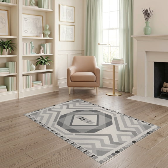 ODIKA 4'x6' Gray Geometric Diamond Pattern Washable Area Rug Contemporary Angular Motifs with Layered Border Stain Resistant, Low Pile, Easy Care for Dorm Room, Small Living