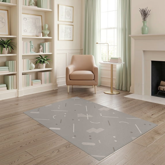 ODIKA 4'x6' Gray Ivory Modern Abstract Geometric Washable Area Rug Contemporary Minimalist Shapes Lines Circles Pet Friendly, Non-Shedding for Bedroom, Reading Nook