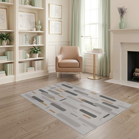 ODIKA 4'x6' Gray Orange Blue Modern Geometric Design Washable Area Rug Contemporary Inspired Pattern Pet Friendly, Non-Shedding for Bedroom, Reading Nook
