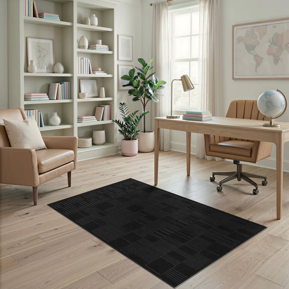 ODIKA 4'x6' Gray Shadow Stripe Design Charcoal Washable Area Rug Contemporary With Geometric Motifs Ornamental Non-Slip, Chair-Friendly, Flatwoven for Home Office, Under Desk