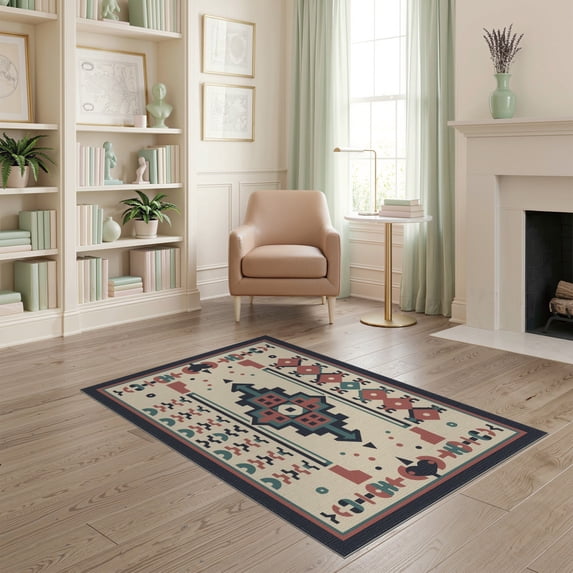 ODIKA 4'x6' Gray Teal Geometric Pattern Washable Area Rug Intricate Ink Multi Motif Design for Home Office, Under Desk, Non-Slip Chair-Friendly, Flatwoven