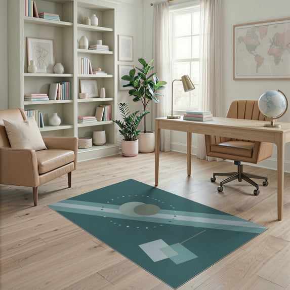 ODIKA 4'x6' Green Abstract Geometric Design Washable Area Rug Modern Art Style with Circular Motifs Stain Resistant, Low Pile, Easy Care for Dorm Room, Small Living