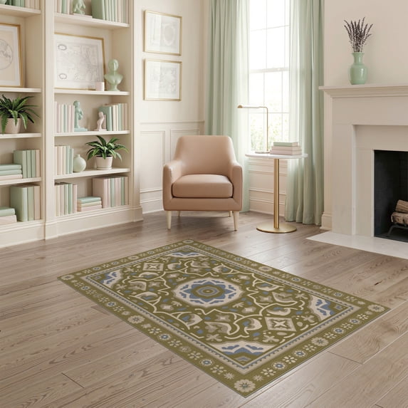ODIKA 4'x6' Green Blue Avocado Floral Medallion Washable Area Rug Intricate Pattern with Classic Elegance Non-Slip, Chair-Friendly, Flatwoven for Home Office, Under Desk