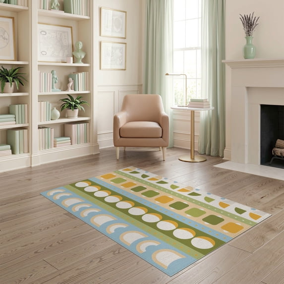 ODIKA 4'x6' Green Blue Retro Mid Century Modern Washable Area Rug Contemporary Abstract Vertical Stripes for Dorm Room, Small Living Stain Resistant Low Profile, Easy Care