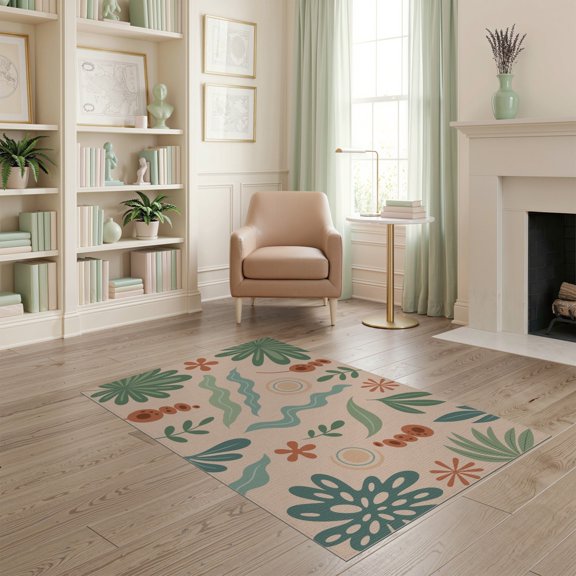 ODIKA 4'x6' Green Clay Botanical Motif Pattern Design Washable Area Rug Abstract Floral with Shapes Pet Friendly, Non-Shedding for Bedroom, Reading Nook
