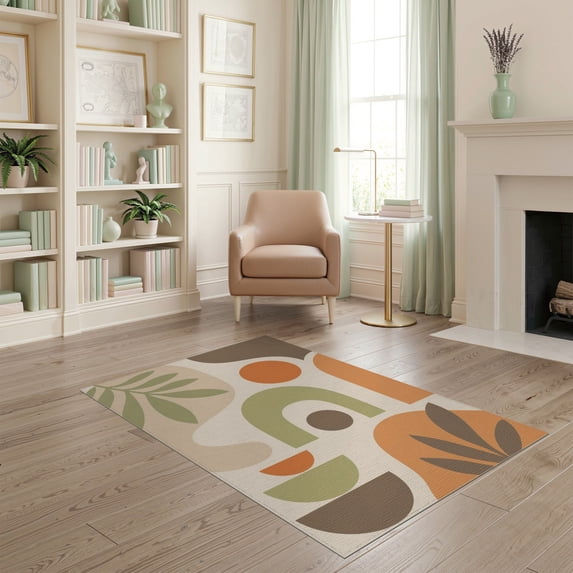 ODIKA 4'x6' Green Orange Retro Abstract Shapes Washable Area Rug Mid-Century Modern Geometric Design for Home Office, Under Desk, Non-Slip Chair-Friendly, Flatwoven