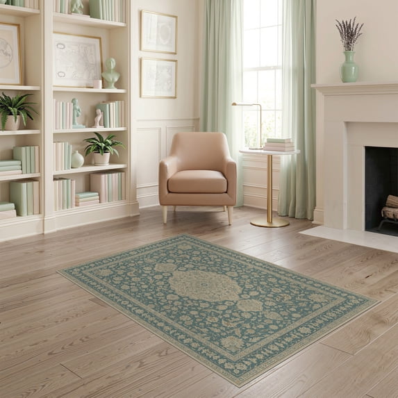 ODIKA 4'x6' Green Sage Traditional Medallion Floral Washable Area Rug Classic Inspired Ornate Border Pattern for Dorm Room, Small Living Stain Resistant Low Profile, Easy Care
