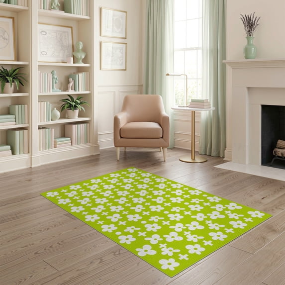ODIKA 4'x6' Green Sprout Geometric Floral Design Washable Area Rug Handwoven Pattern for Indoors Non-Slip, Chair-Friendly, Flatwoven for Home Office, Under Desk