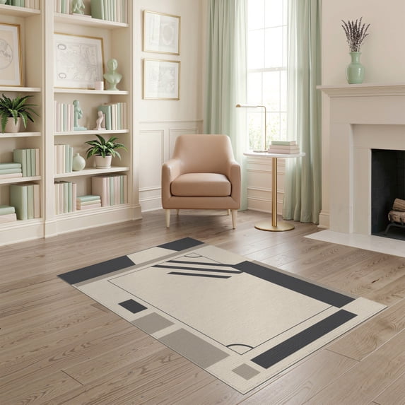 ODIKA 4'x6' Grey Beige Geometric Bordered Design Washable Area Rug Mid Century Modern Style with Bold Lines Non-Slip, Chair-Friendly, Flatwoven for Home Office, Under Desk