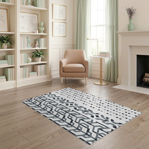 ODIKA 4'x6' Grey Blue Geometric Pattern Design Washable Area Rug Modern Abstract Motif with Unique Shapes for Bedroom, Reading Nook, Pet Friendly & Non-Shedding